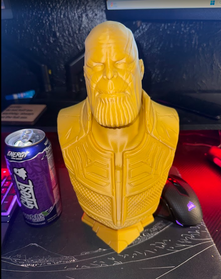 Highly detailed gold 3D printed armored titan character display bust