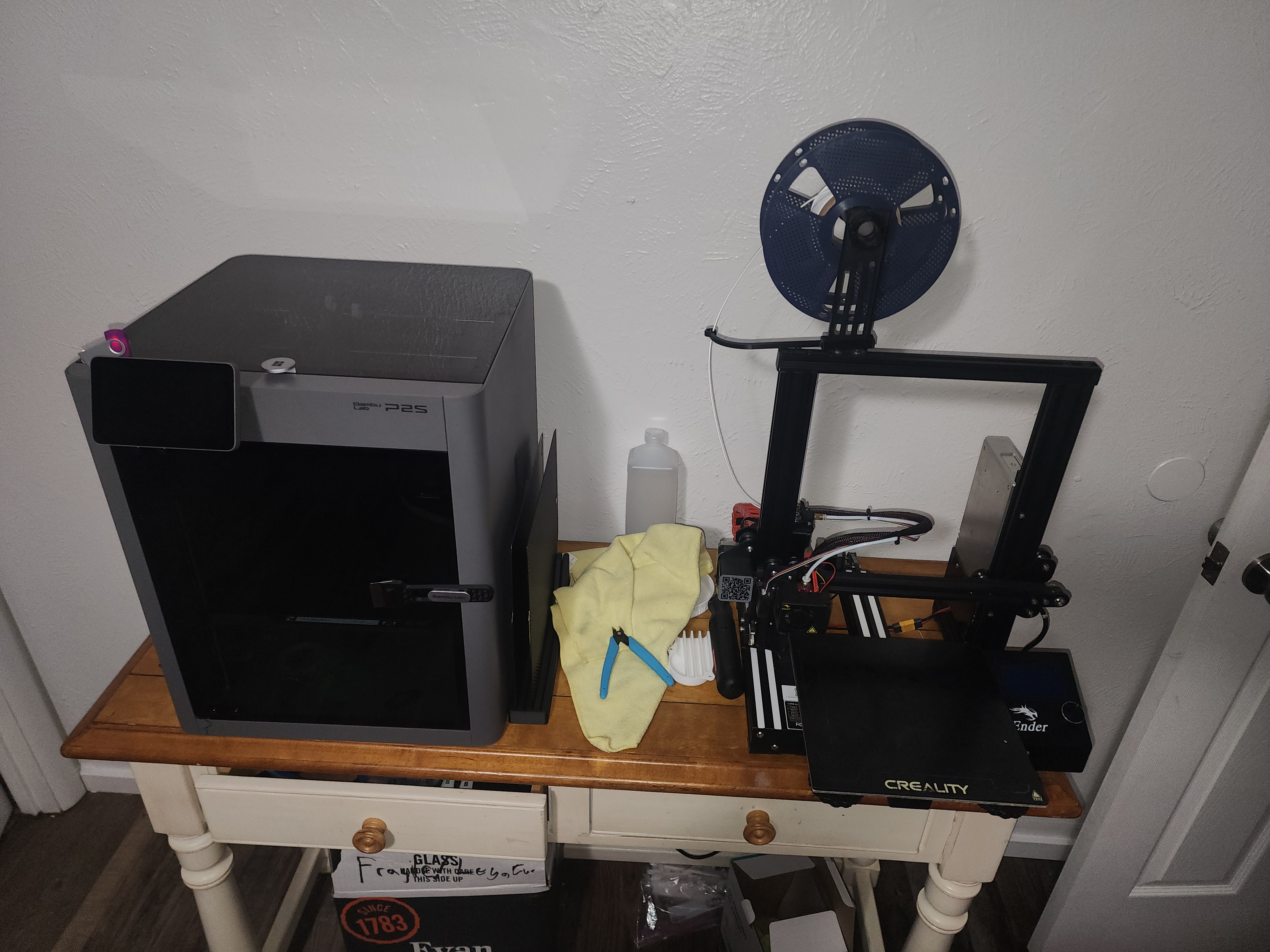 Parker's Prints workshop with a Bambu Lab P2S and a Creality Ender 3 printer